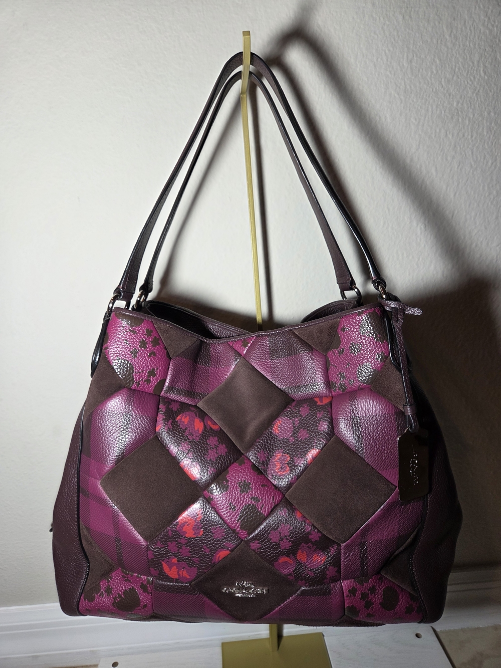 Coach Oxblood Patchwork Floral Print Edie Turn Lock Leather/Suede Shoulder Bag
